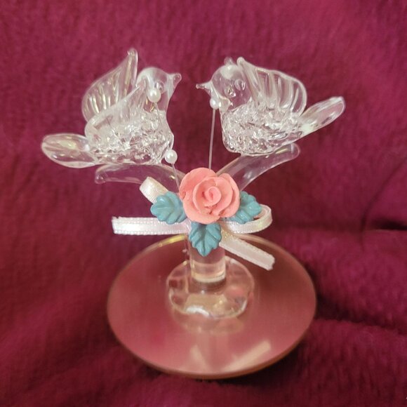 Glass Lovebirds With Pink Rose & Ribbon On Glass Base - Picture 1 of 5